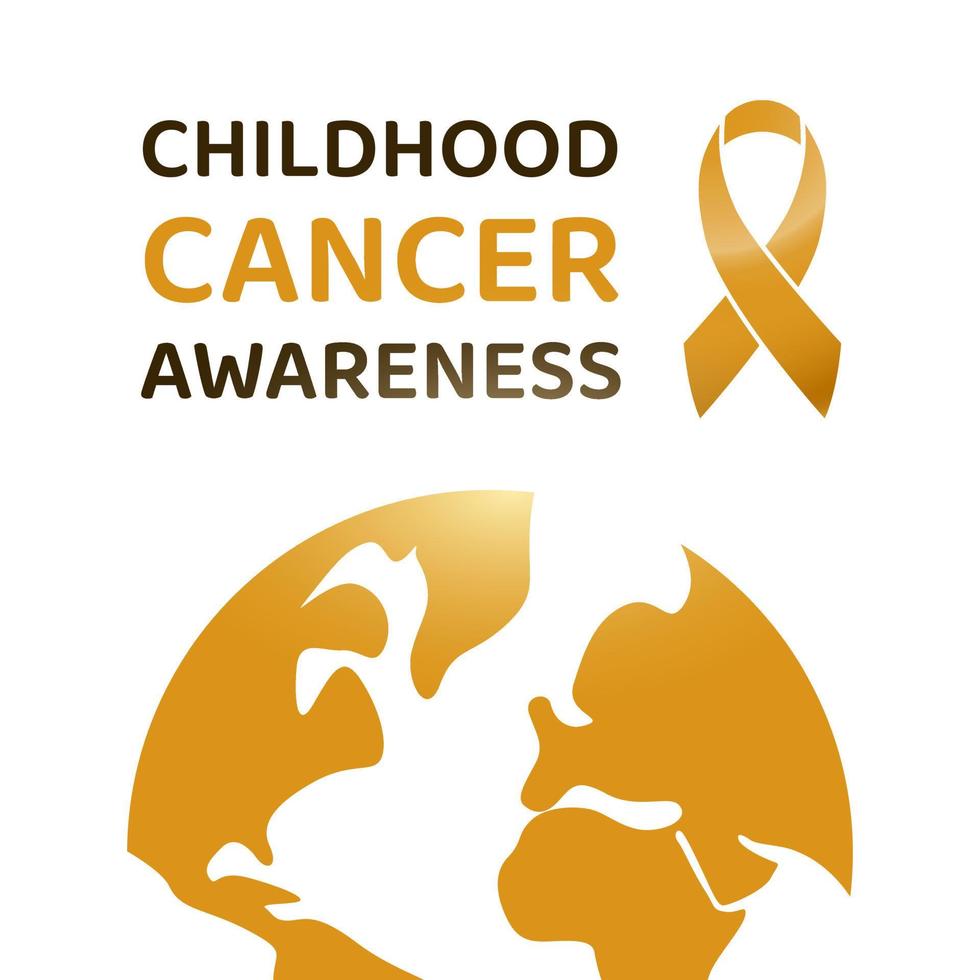 modello di simbolo di consapevolezza del cancro infantile, nastro d'oro e icona del mondo illustrazione vettoriale giornata internazionale della sanità a febbraio