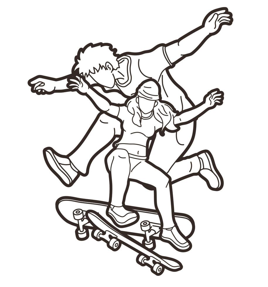 linea skateboarder gruppo di giocatori di skateboard azione vettore