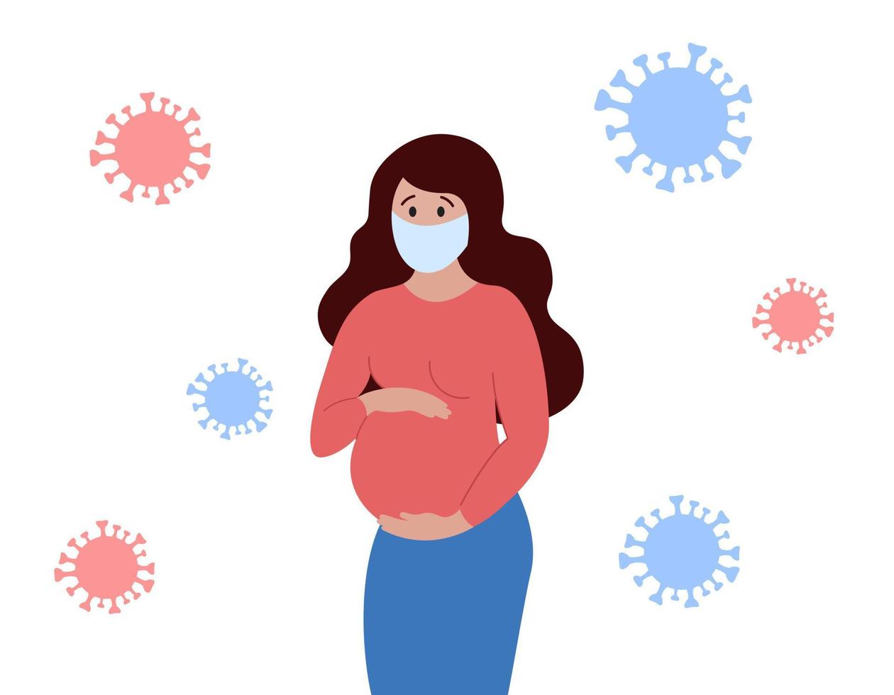 donna incinta in maschera facciale medica e virus covid. gravidanza di sicurezza sana durante il concetto di pandemia. la giovane madre ha paura del coronavirus. illustrazione vettoriale piatta