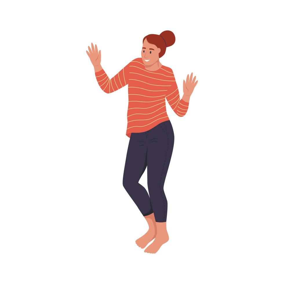 una giovane donna in abiti fatti in casa sta ballando. illustrazione vettoriale piatta