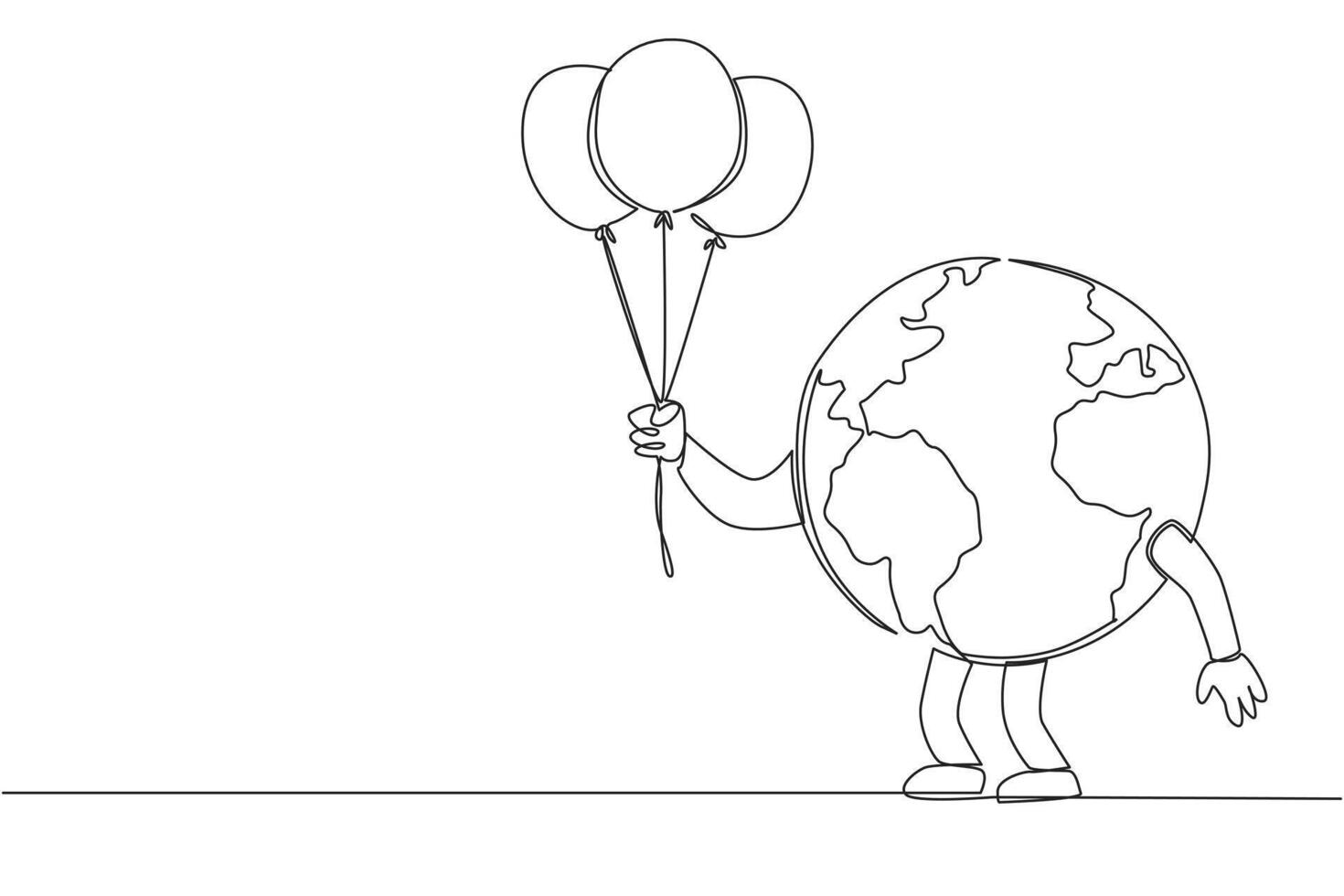 continuo uno linea disegno globo detiene parecchi palloncini. il pulito aria di il terra porta gioia per tutti. prendere cura di il terra dovunque e ogni volta. singolo linea disegnare design illustrazione vettore