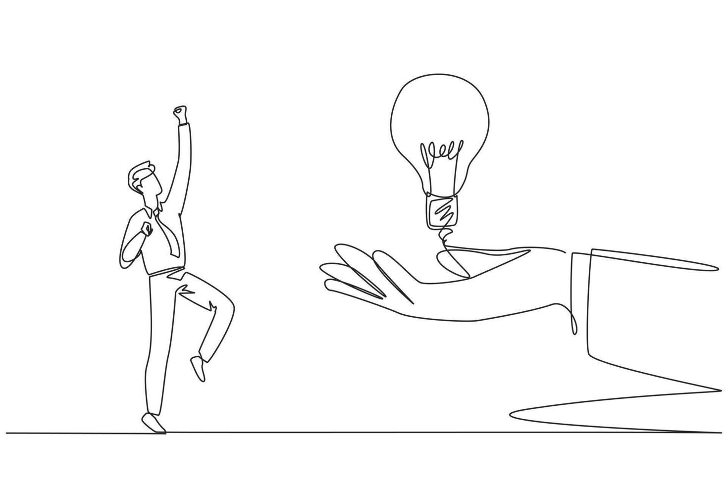singolo uno linea disegno il uomo d'affari è eccitato per ottenere un' lampadina a partire dal un' gigante mano. condivisione è premuroso. ottenere il migliore innovazione per il attività commerciale. continuo linea design grafico illustrazione vettore