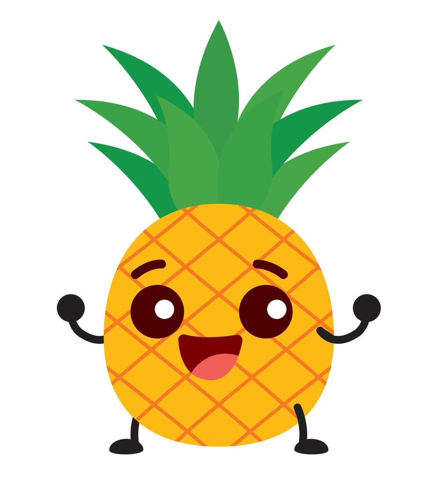 carino contento energico ananas frutta cartone animato personaggio illustrazione portafortuna vettore