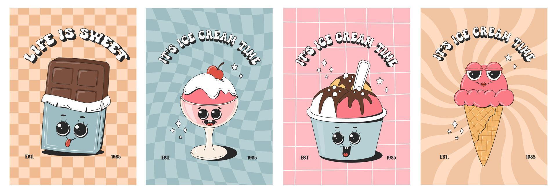 impostato di Vintage ▾ cartone animato manifesti con dolci. carino Groovy dolce torta, cioccolato, ghiaccio crema, cupcakes. illustrazione. vettore