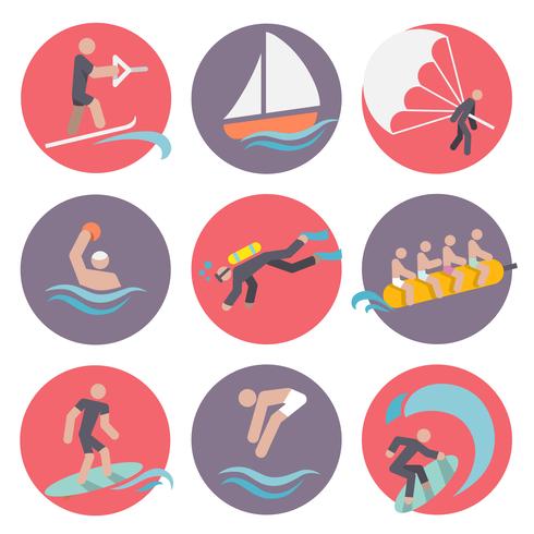 Icone di sport acquatici impostate piatte vettore