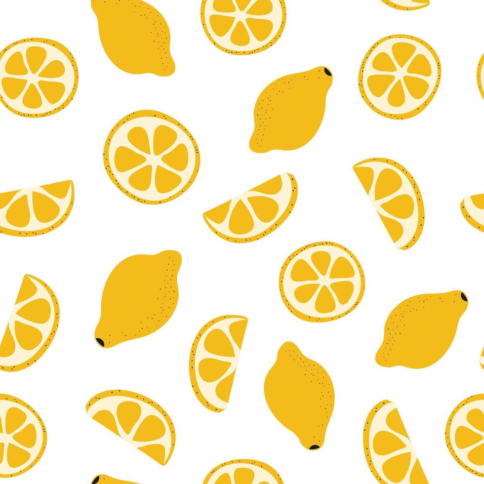 modello di limoni e fette su un' bianca sfondo. agrume acida frutta. giallo cedro. il giro pezzo e trimestre. sparpagliato a caso. mano disegnato. colore Immagine. illustrazione vettore