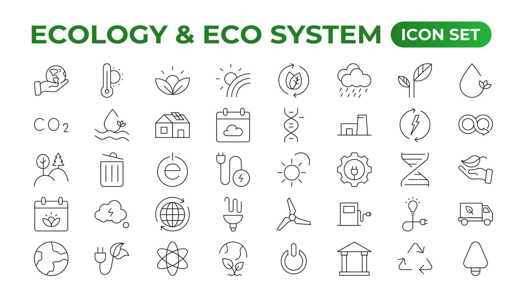 ecologia icona impostare. ecofriendly icona, natura icone impostare. lineare ecologia icone. ambientale sostenibilità semplice simbolo. semplice impostato di linea icone. globale riscaldamento, foreste, biologico agricoltura. vettore