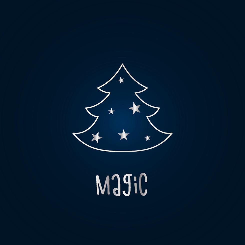 sagoma d'argento di un albero di natale con stelle su sfondo blu scuro. buon natale e felice anno nuovo 2022. illustrazione vettoriale. Magia. vettore