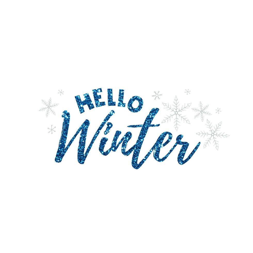 ciao inverno 2022. lettere scintillanti brillanti con fiocchi di neve su sfondo bianco. illustrazione vettoriale invernale.
