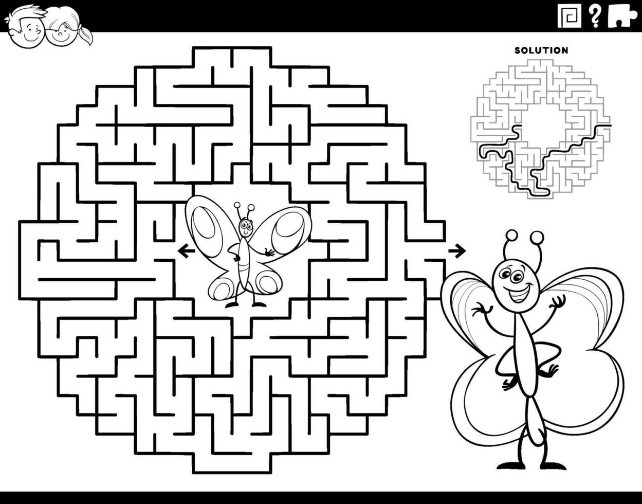 labirinto gioco con cartone animato farfalle colorazione pagina vettore