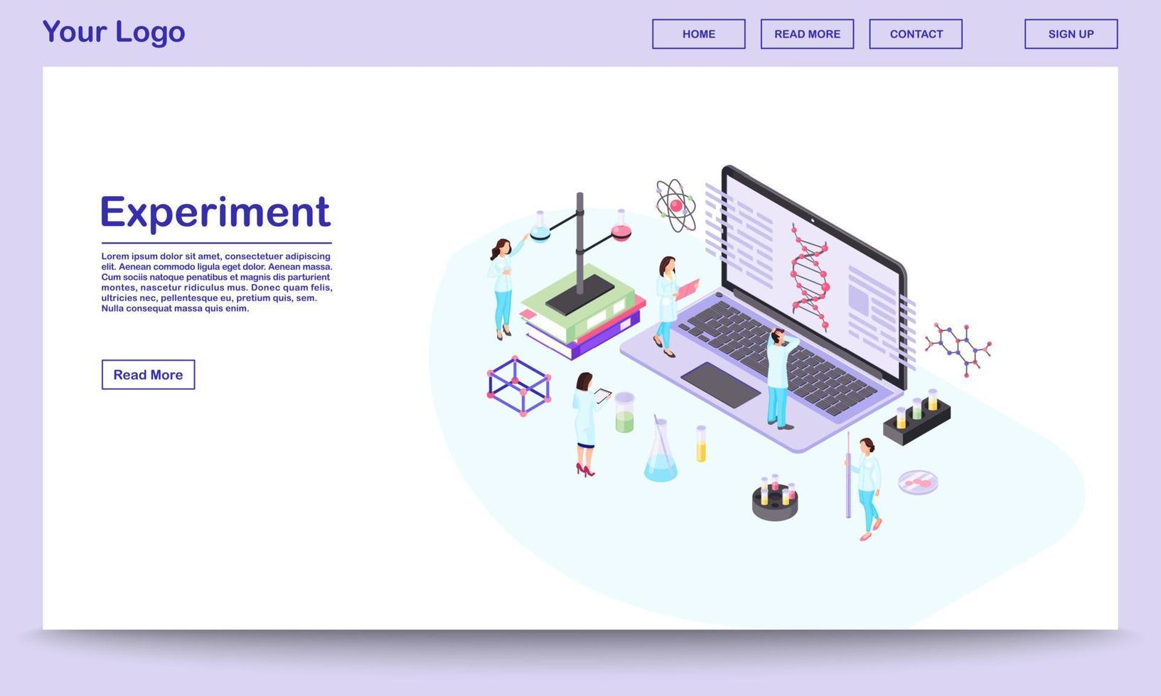 modello di sito web isometrico di ingegneria genetica. scienziati che analizzano la spirale del dna sullo schermo del laptop. esperti di biotecnologia, ricercatori che fanno esperimenti in moderni laboratori. pagina di destinazione del team di genetisti vettore