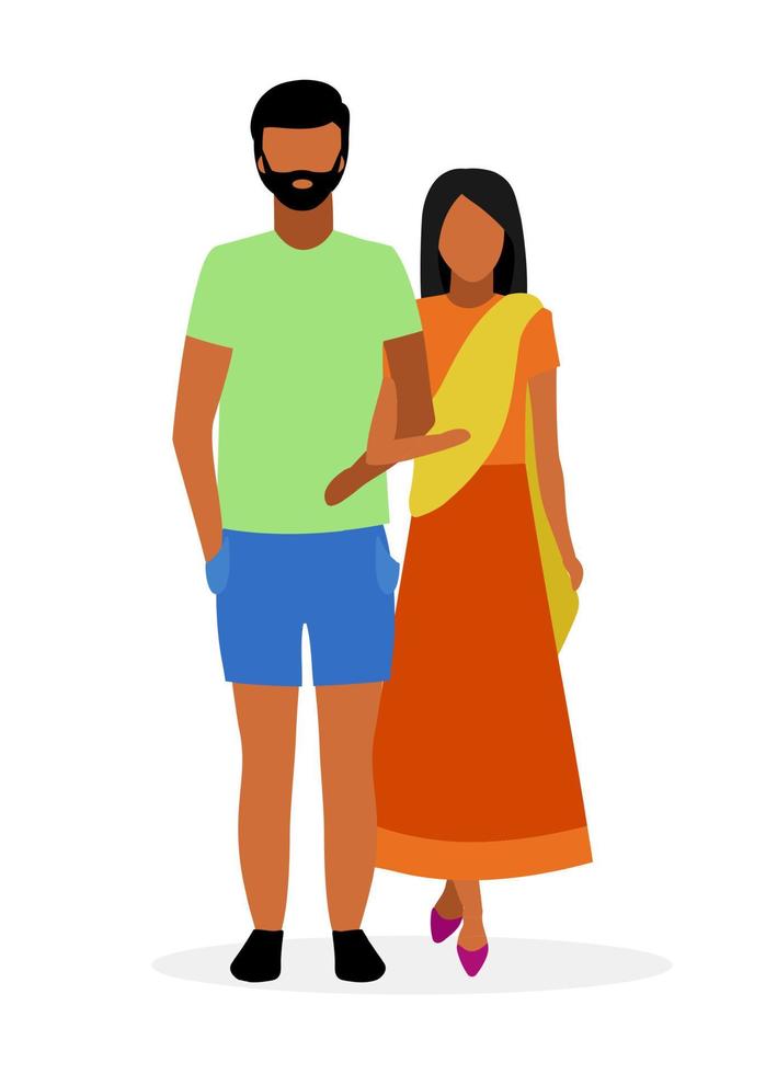 illustrazione vettoriale piatto coppia indiana. donna in sari, dhoti e uomo barbuto in abiti stile casual personaggi dei cartoni animati isolati su sfondo bianco. moglie e marito indù tradizionali che si tengono per mano
