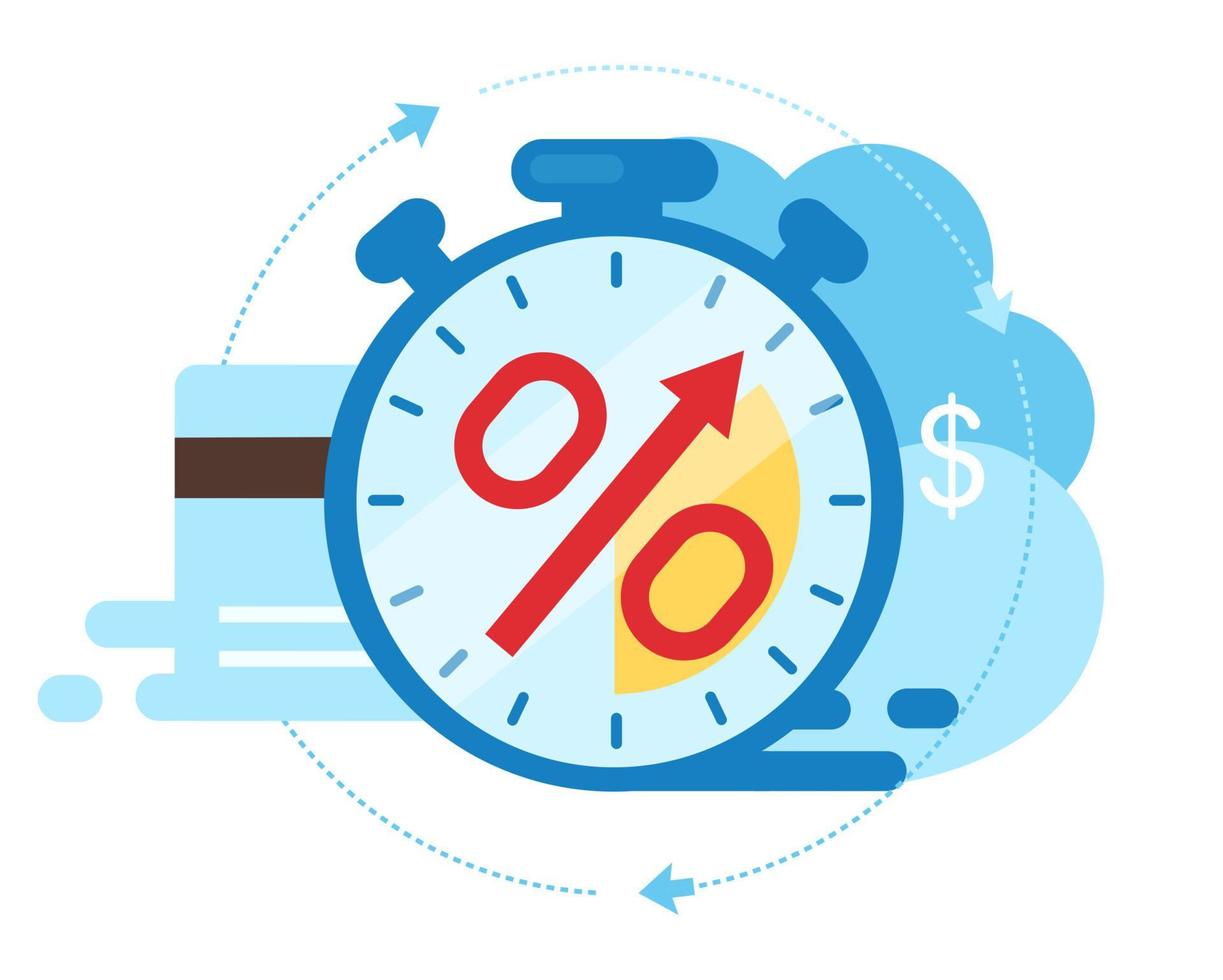 termine di pagamento della fattura piatto illustrazione vettoriale. il tempo è denaro concetto di cartone animato. periodo di investimento isolato metafora su sfondo bianco. tempo di deposito. debito della carta di credito. durata del prestito e tasso di interesse vettore