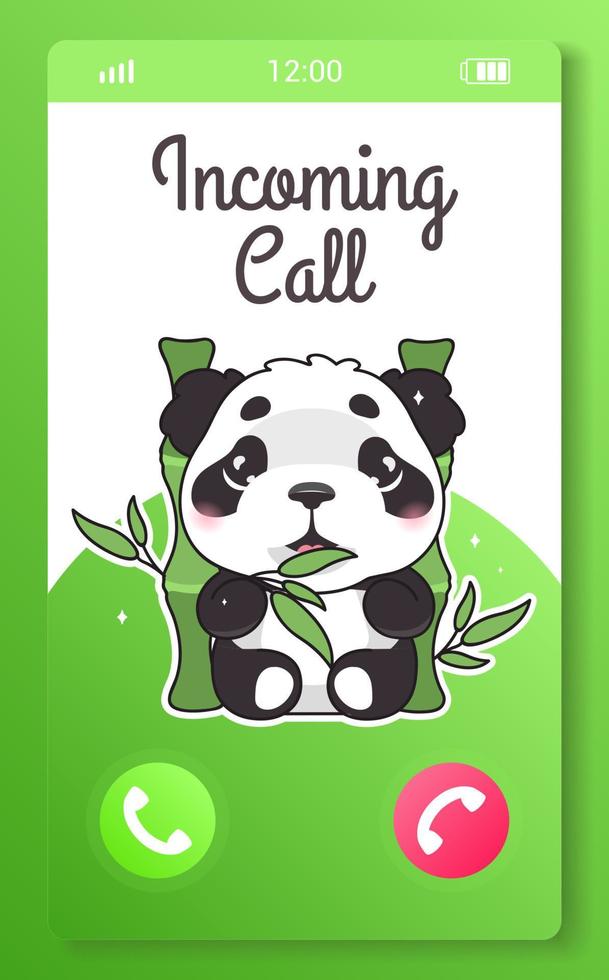 schermata dell'app mobile per bambini chiamata in arrivo con personaggio dei cartoni animati kawaii. applicazione da ragazza per smartphone. accetta e rifiuta i pulsanti di chiamata con il simpatico panda. pagina del telefono verde ui, interfaccia ux e animale vettore