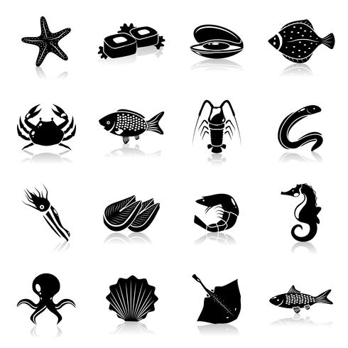 Icone di frutti di mare messe nere vettore