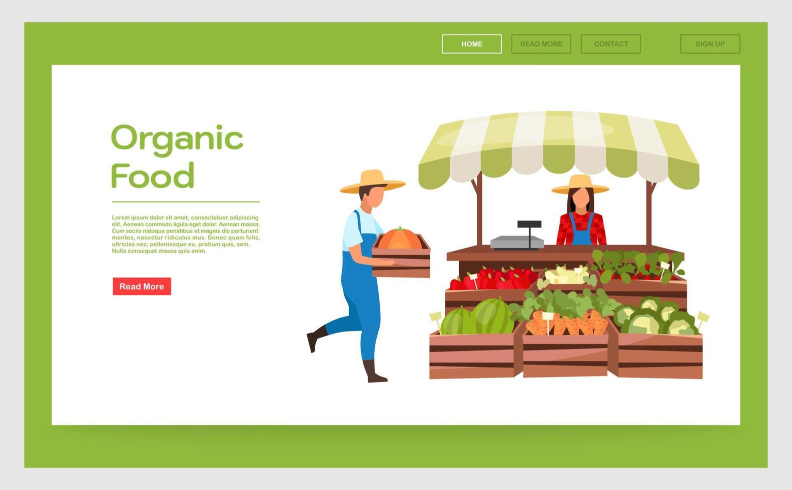 modello di vettore della pagina di destinazione degli alimenti biologici. idea dell'interfaccia del sito Web della stalla del mercato degli agricoltori con illustrazioni piatte. layout della homepage del negozio di verdure all'aperto estivo. banner web, concetto di fumetto della pagina web