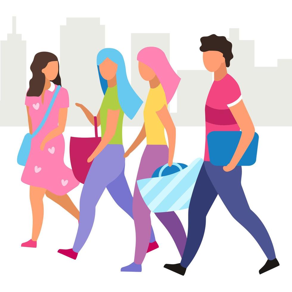 gruppo di persone che camminano illustrazione vettoriale piatto strada. gli amici camminano e parlano insieme personaggi dei cartoni animati. ragazze e ragazzo che trascorrono del tempo. i turisti, gli studenti hanno una passeggiata in città. concetto di amicizia