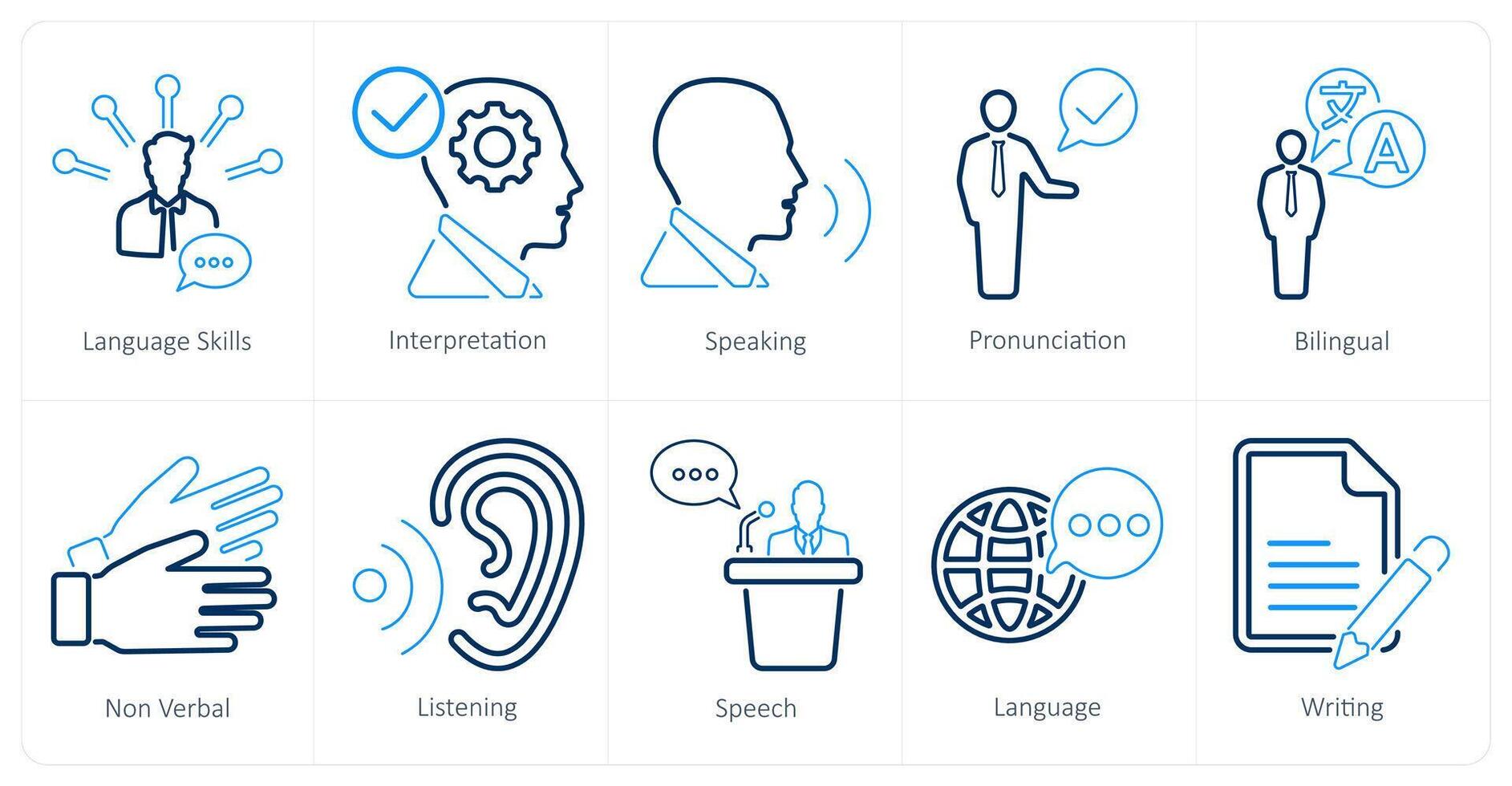 un' impostato di 10 linguaggio icone come linguaggio abilità, interpretazione, A proposito di vettore