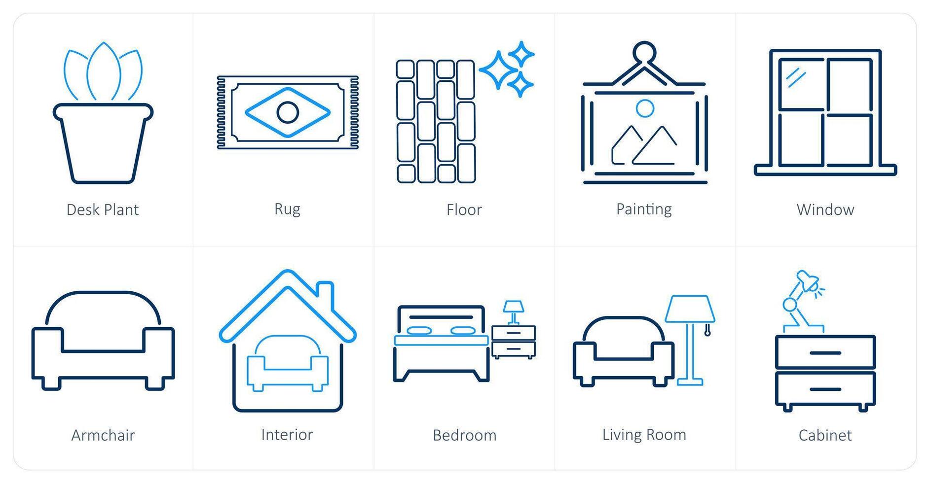 un' impostato di 10 casa interno icone come scrivania pianta, tappeto, pavimento vettore