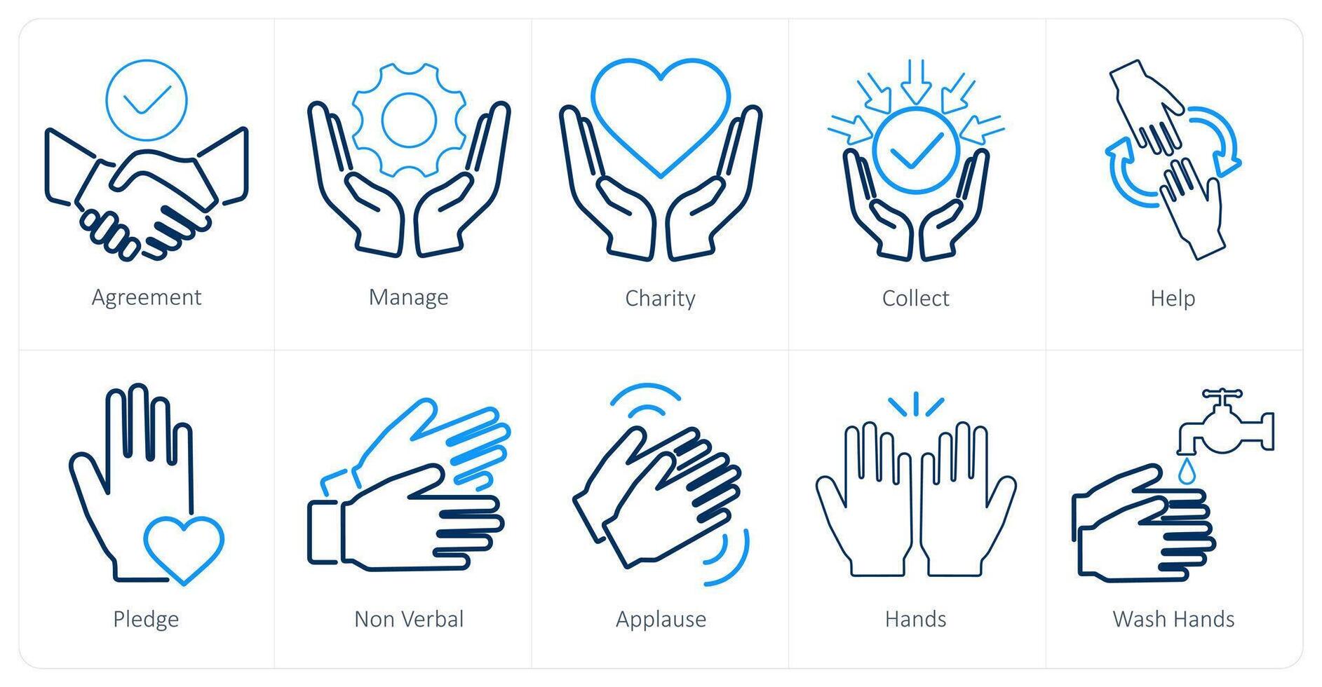 un' impostato di 10 mani icone come accordo, gestire, beneficenza vettore