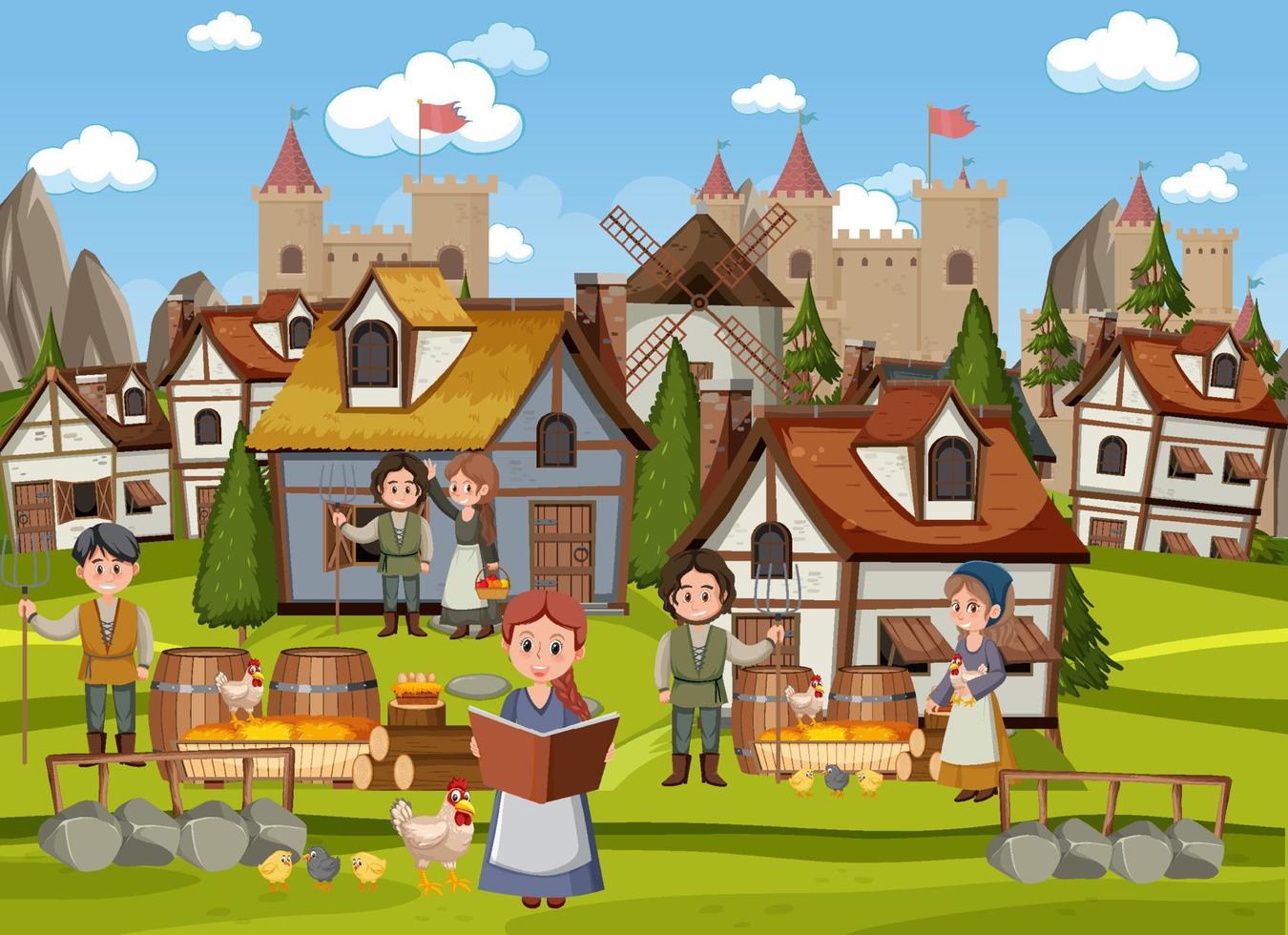 scena della città medievale con gli abitanti del villaggio vettore