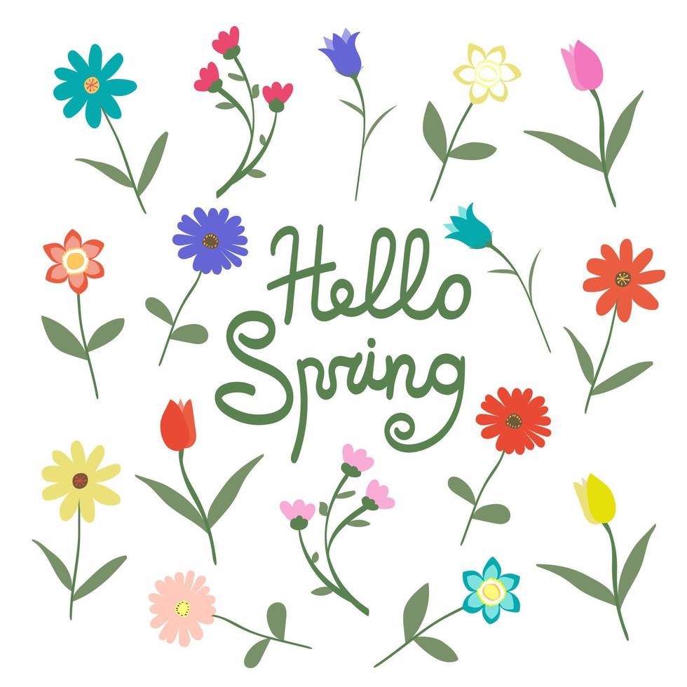 set di molte variazioni di fiori su sfondo blu cielo con erba e scritte di testo ciao primavera illustrazione vettoriale cartolina. felice, carino, disegnato a mano con amore.