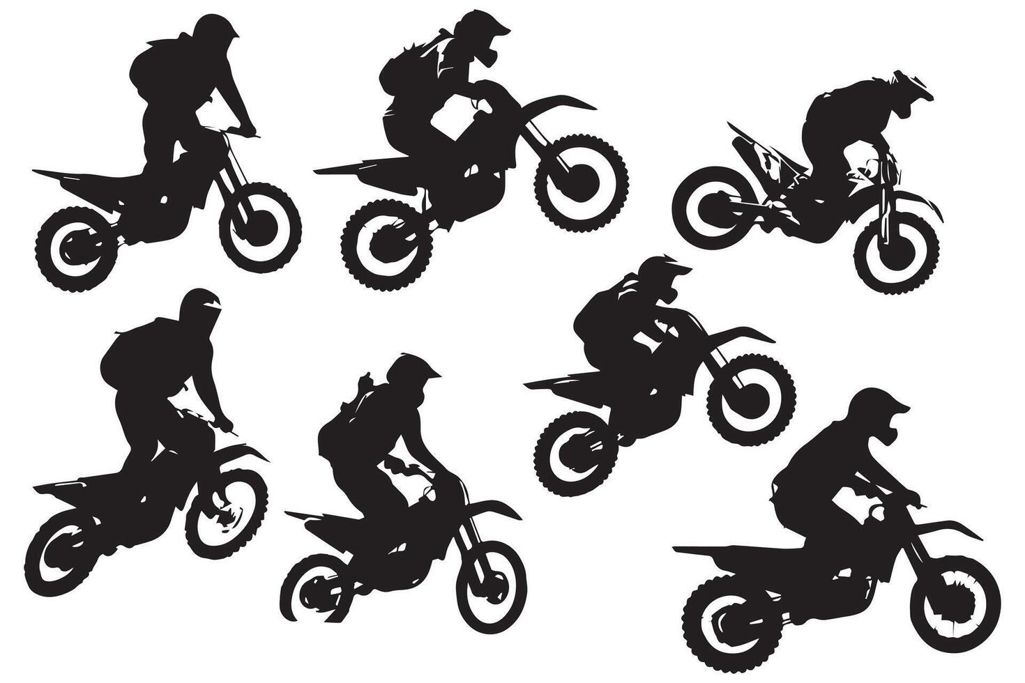 silhouette di un' motociclista fare freestyle trucchi su il suo motociclo. silhouette impostato gratuito desin vettore