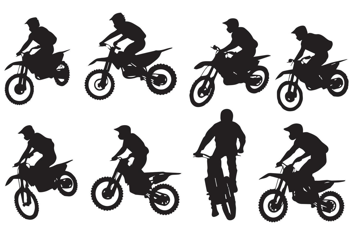 silhouette di un' motociclista fare freestyle trucchi su il suo motociclo. silhouette impostato gratuito desin vettore