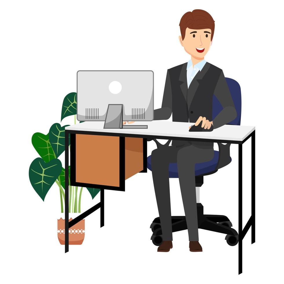 simpatico allegro uomo d'affari freelance personaggio ubicazione sulla moderna scrivania da ufficio con sedia da tavolo con piante da appartamento isolate vettore
