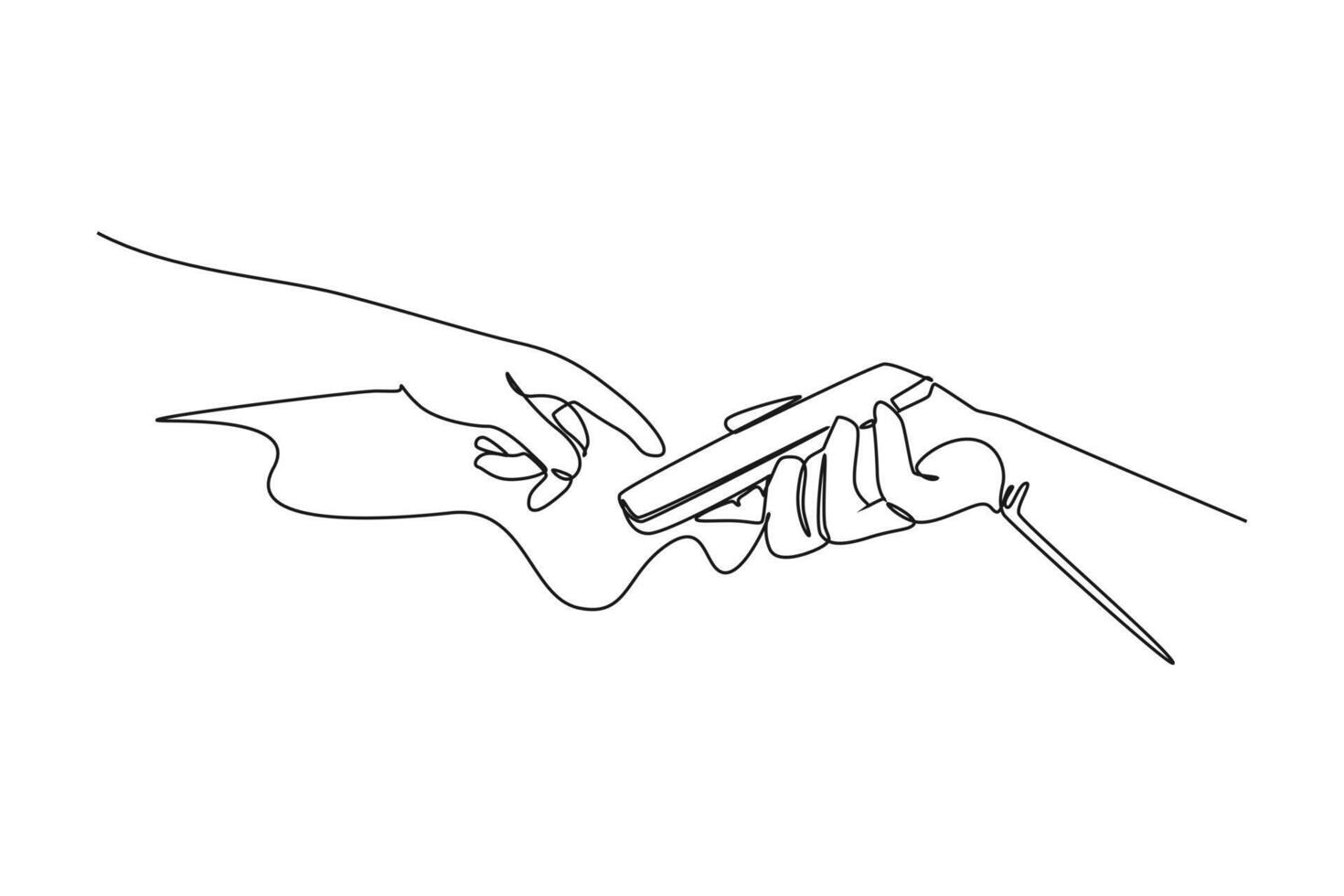 uno continuo linea disegno di dita toccante, toccando, scorrimento smartphone schermi concetto. scarabocchio illustrazione nel semplice lineare stile vettore