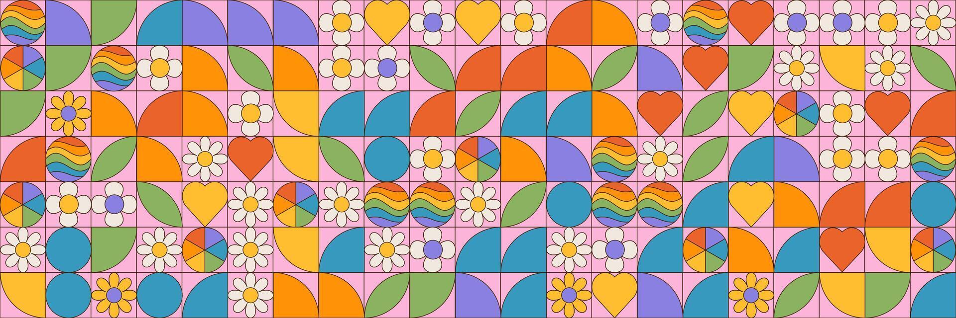 orgoglio mese Groovy sfondo. lgbt giugno parata. senza soluzione di continuità geometrico modello con semplice geometrico forme e hippie fiori. modello per sfondo, striscione, carta, manifesto. eps10 illustrazione vettore