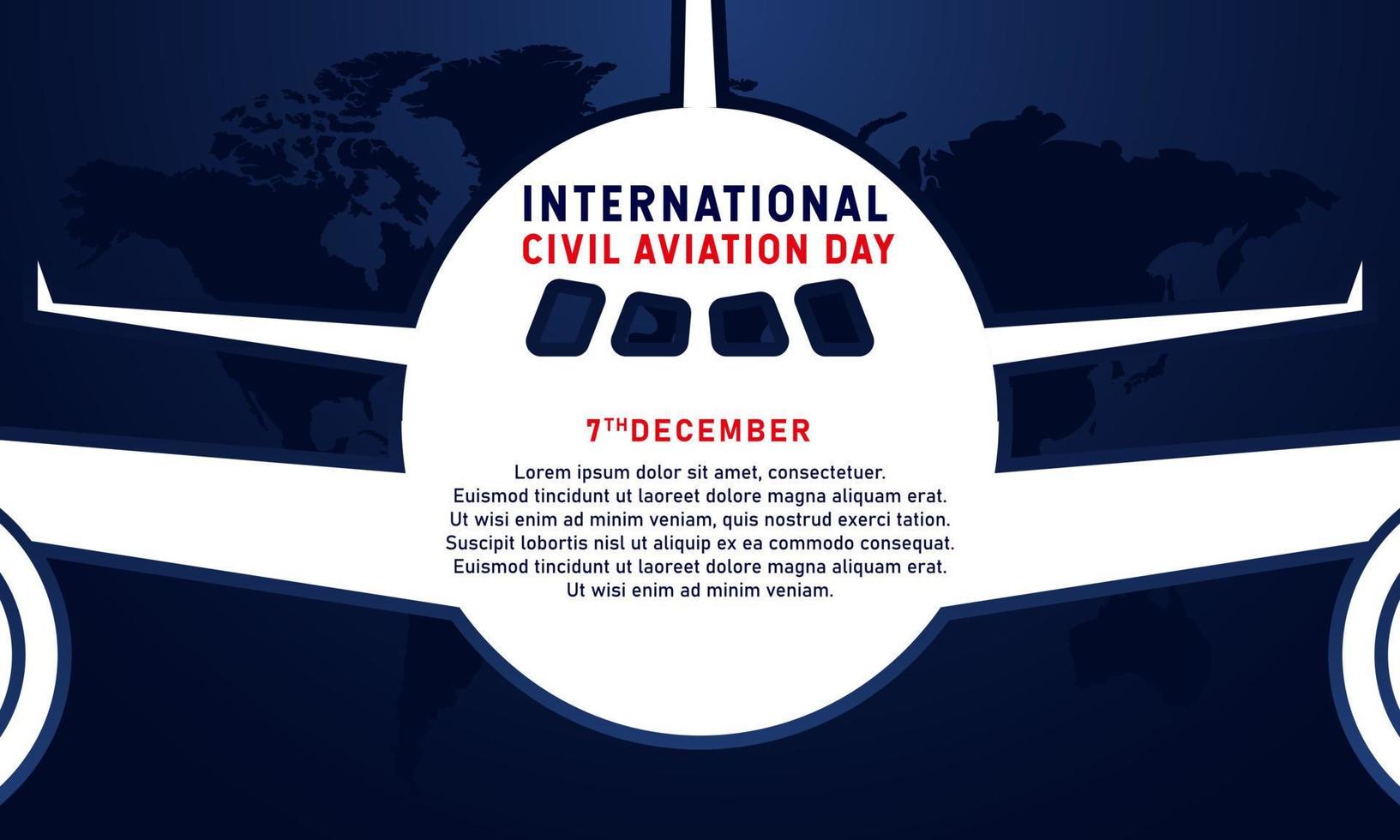 sfondo della giornata internazionale dell'aviazione civile. 7 dicembre. biglietto di auguri, lettera, banner o poster. con l'icona dell'aeroplano e del mondo. illustrazione vettoriale premium e di lusso