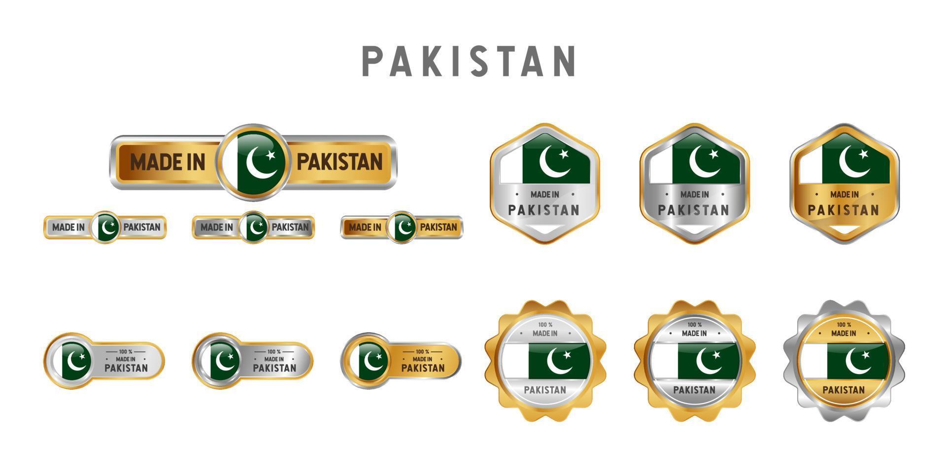 realizzato in pakistan etichetta, timbro, distintivo o logo. con la bandiera nazionale del Pakistan. sui colori platino, oro e argento. emblema premium e di lusso vettore