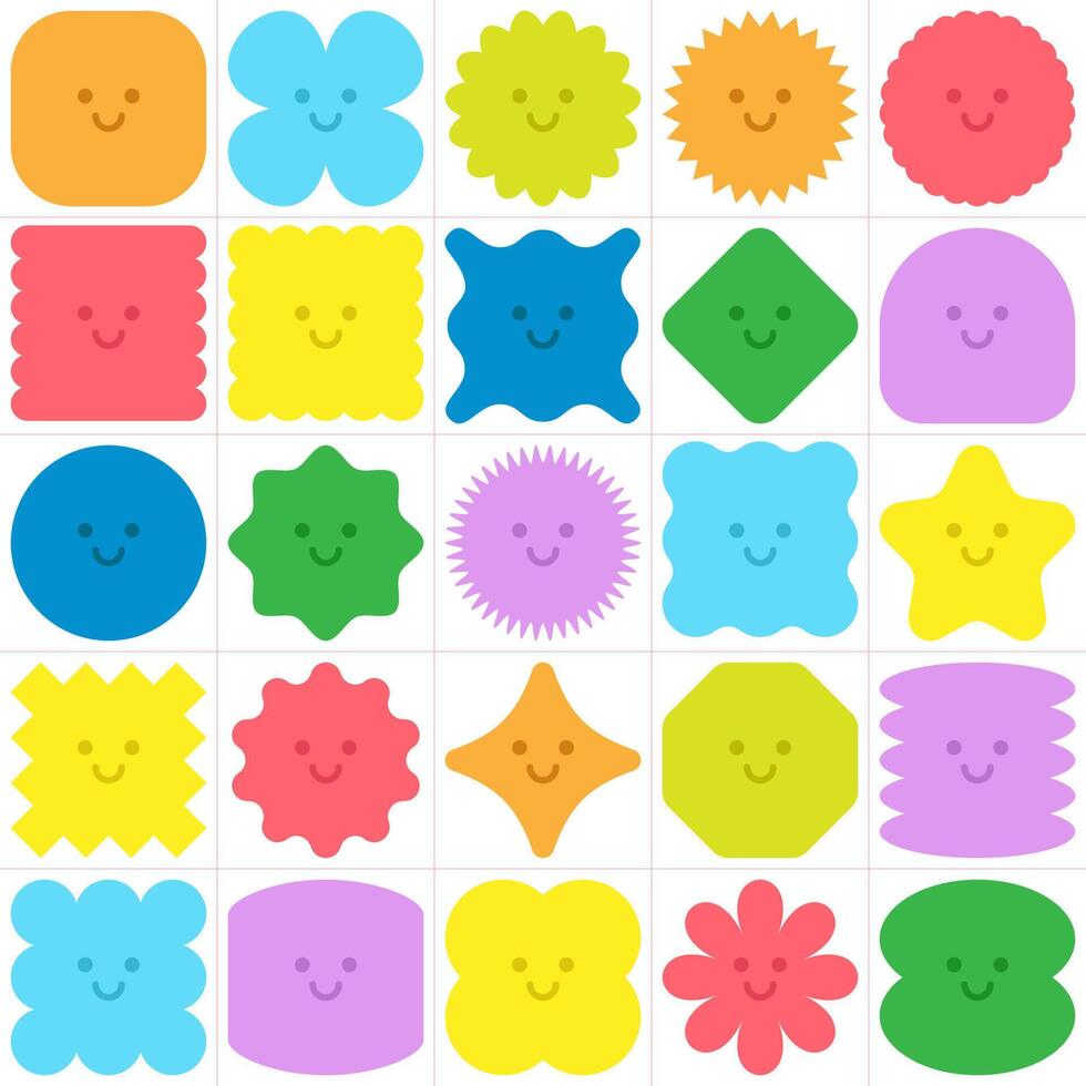 carino colorato geometrico forme con varietà di divertimento e pieno di bolle personaggi modello etichetta impostato vettore