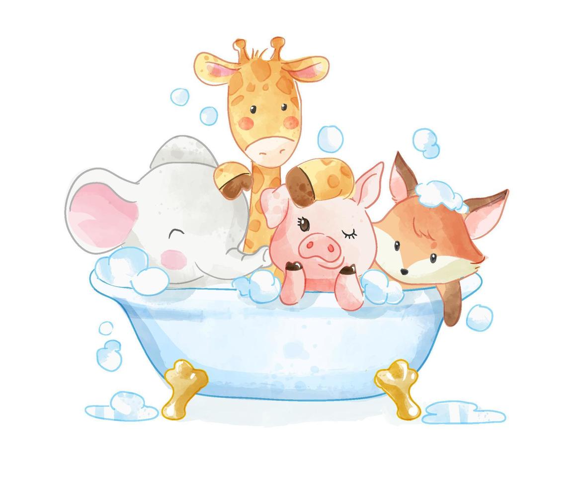 simpatici animali dei cartoni animati che fanno la doccia nell'illustrazione della vasca da bagno vettore
