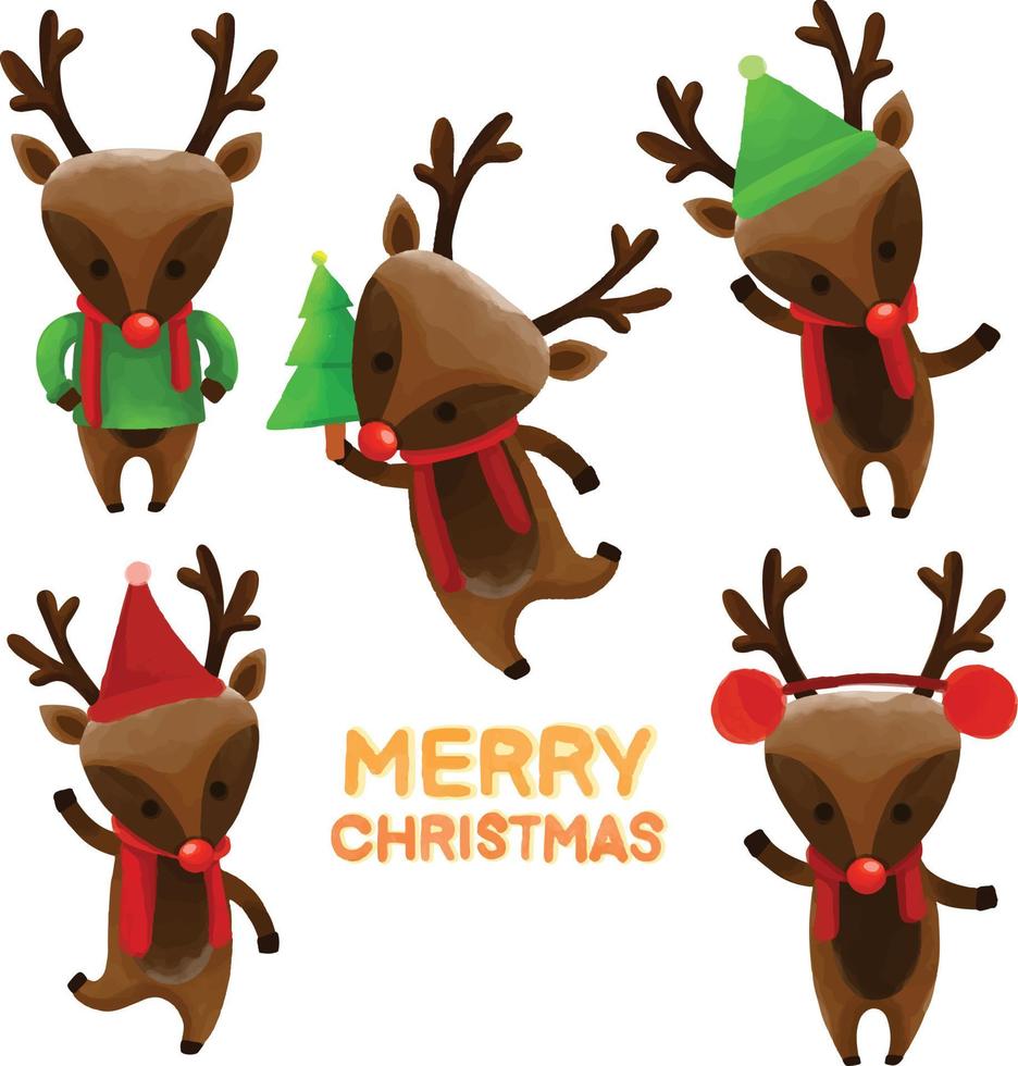 set di renne dipinte ad acquerello, decorazioni natalizie, clipart festive. disegnato a mano isolato su sfondo bianco vettore
