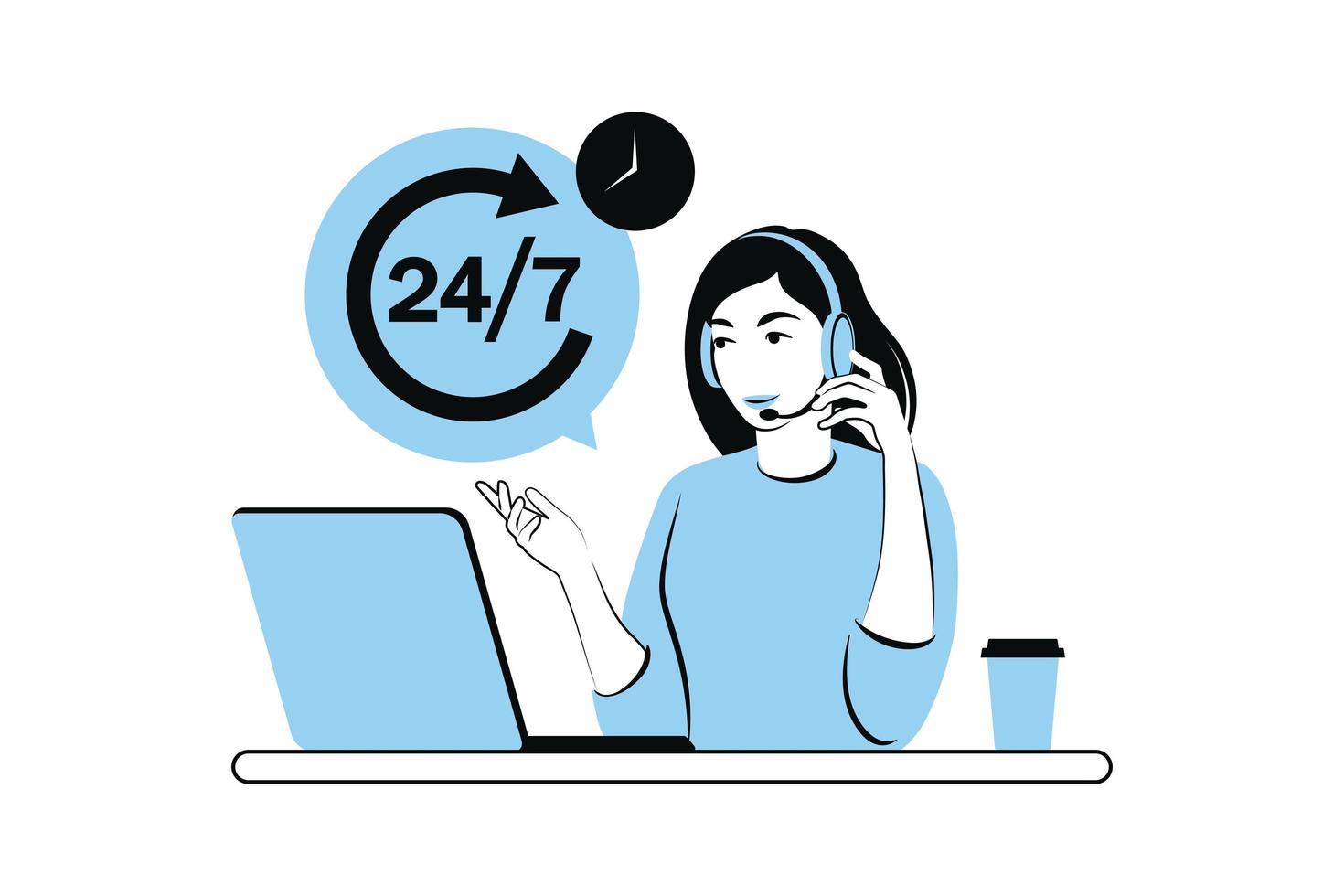 servizio 24 7 concetto. supporto del call center. illustrazione vettoriale. piatto vettore