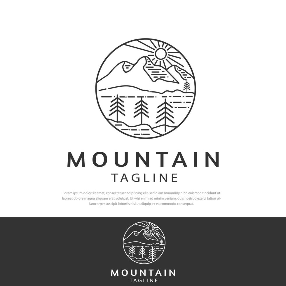 logo montagne in stile linea semplice.sole,alberi,fiume,cielo,illustrazione vettoriale su sfondo bianco,campeggio,montagne travel logo design