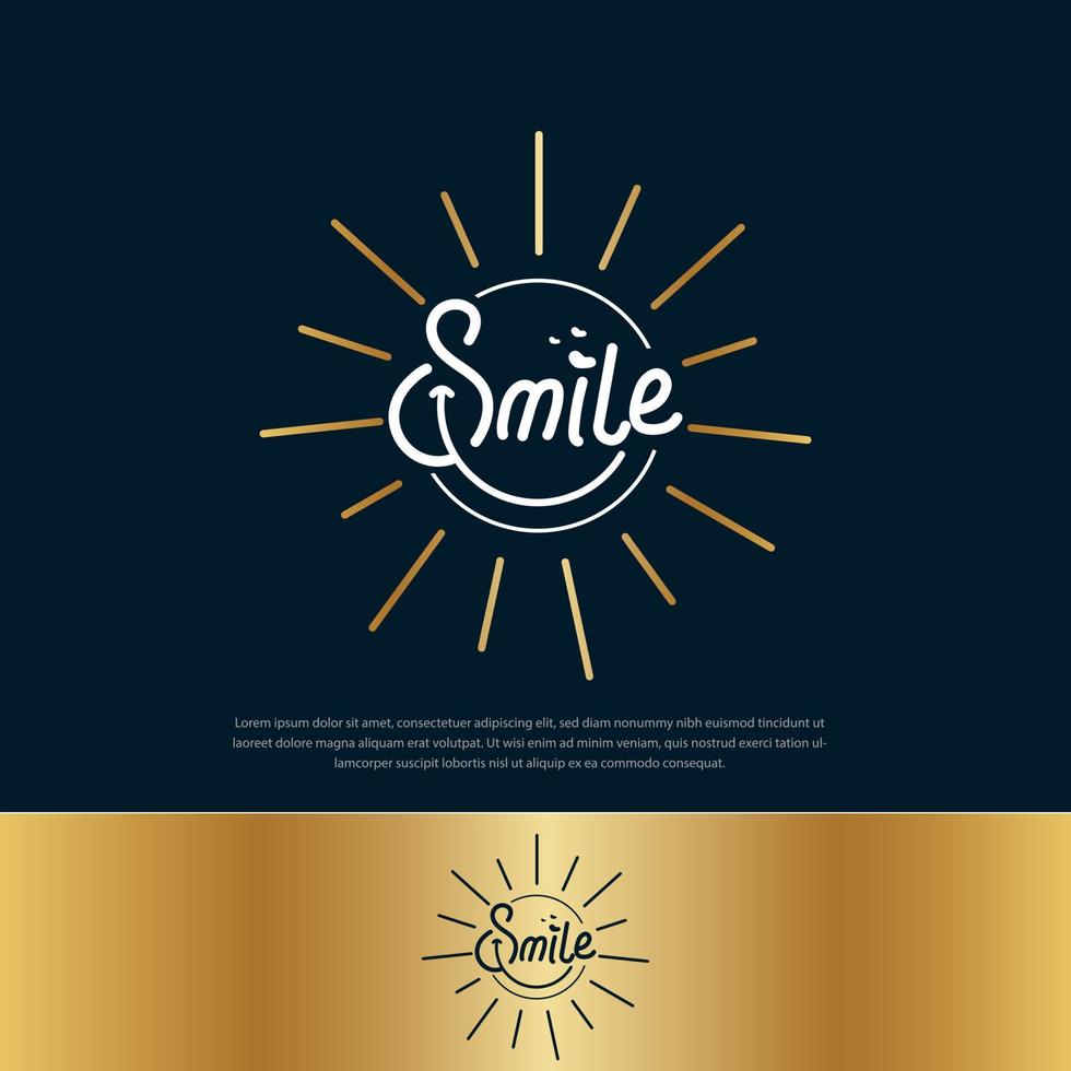 sorriso logo tipografia illustrazione vettoriale di sole disegnato a mano. banner, logo, etichetta, post, poster, adesivo, tag o badge sorriso scritto a mano
