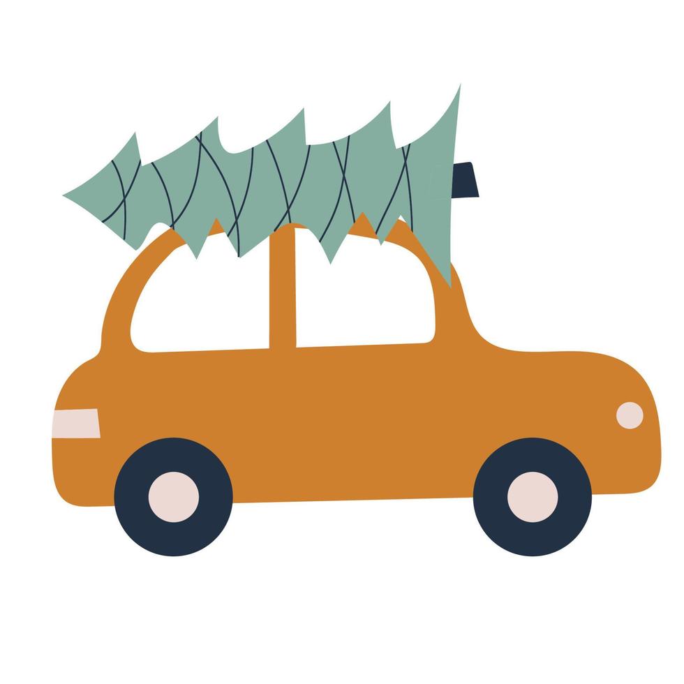 semplice automobile dei cartoni animati con un albero di natale sul tetto vettore