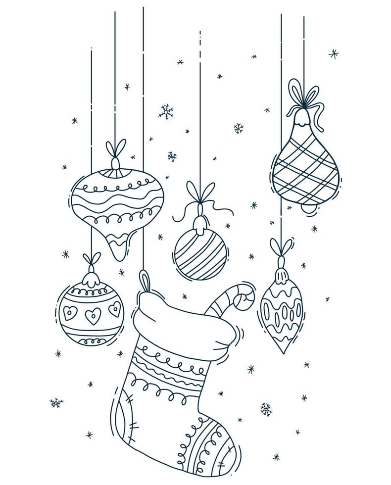 carta con calza di natale con caramelle a strisce e palle di natale e decorazioni per l'albero di natale. illustrazione vettoriale verticale. disegno lineare, contorno per il design del nuovo anno, biglietti di auguri e stampa