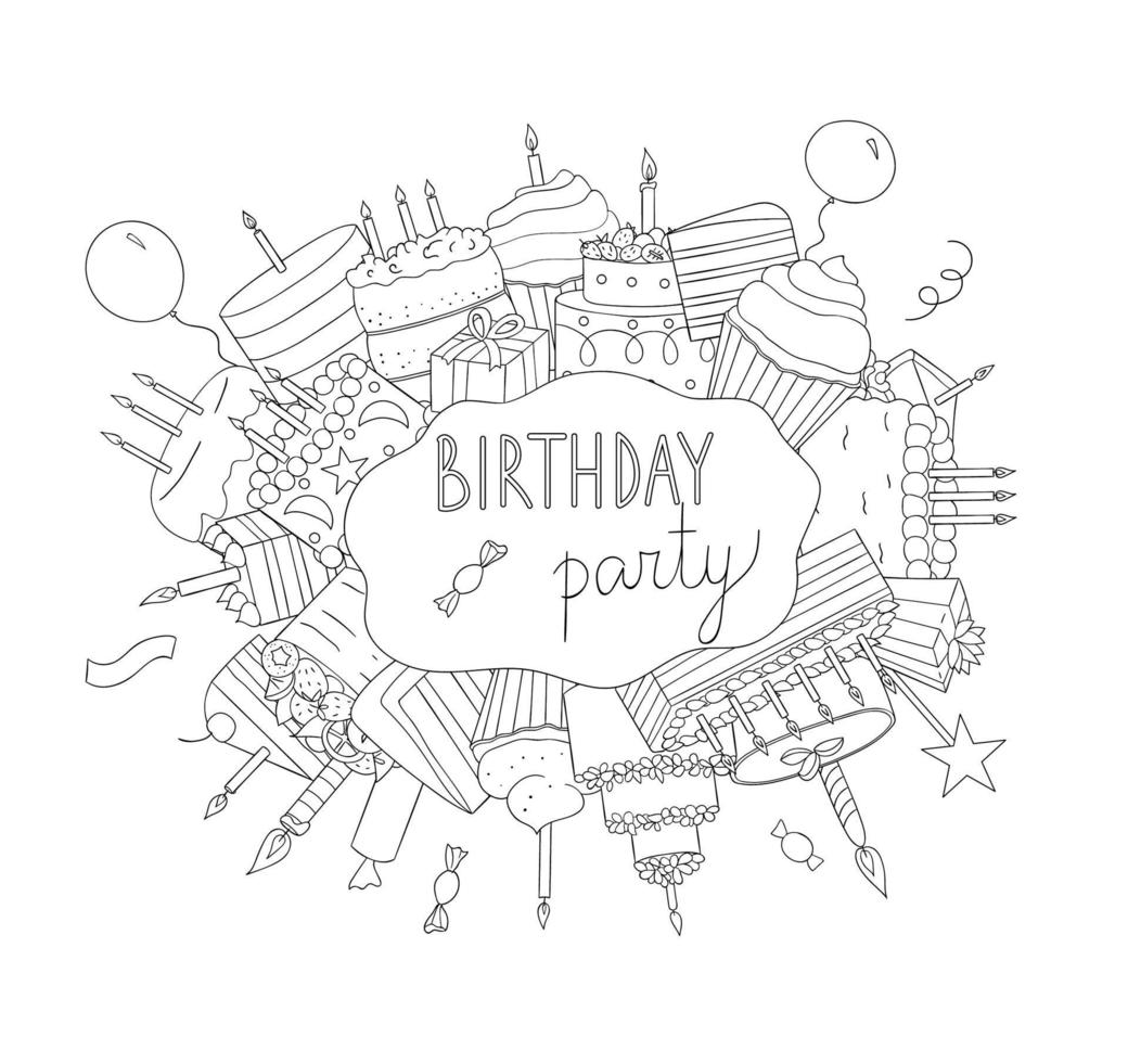 elementi di compleanno in bianco e nero. invito a una festa di compleanno o banner. disegno in stile scarabocchio di torte con candele, palloncini, regali, coriandoli, dolci vettore