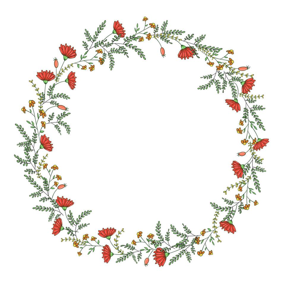 vettore corona di fiori ed erbe da giardino. illustrazione disegnata a mano in stile cartone animato. simpatica cornice estiva o primaverile per matrimoni, vacanze o biglietti di auguri