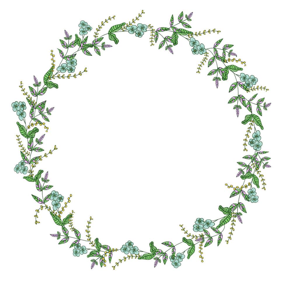vettore corona di fiori ed erbe da giardino. illustrazione disegnata a mano in stile cartone animato. simpatica cornice estiva o primaverile per matrimoni, vacanze o biglietti di auguri