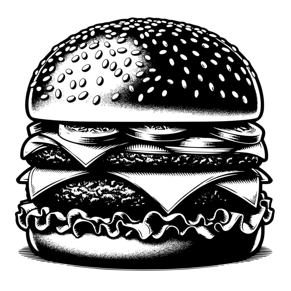 nero e bianca illustrazione di un' gustoso grigliato hamburger al formaggio vettore