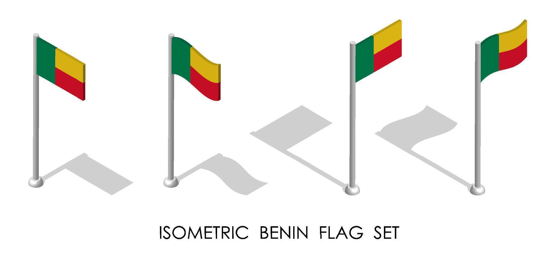 isometrico bandiera di repubblica di benin nel statico posizione e nel movimento su pennone. 3d vettore