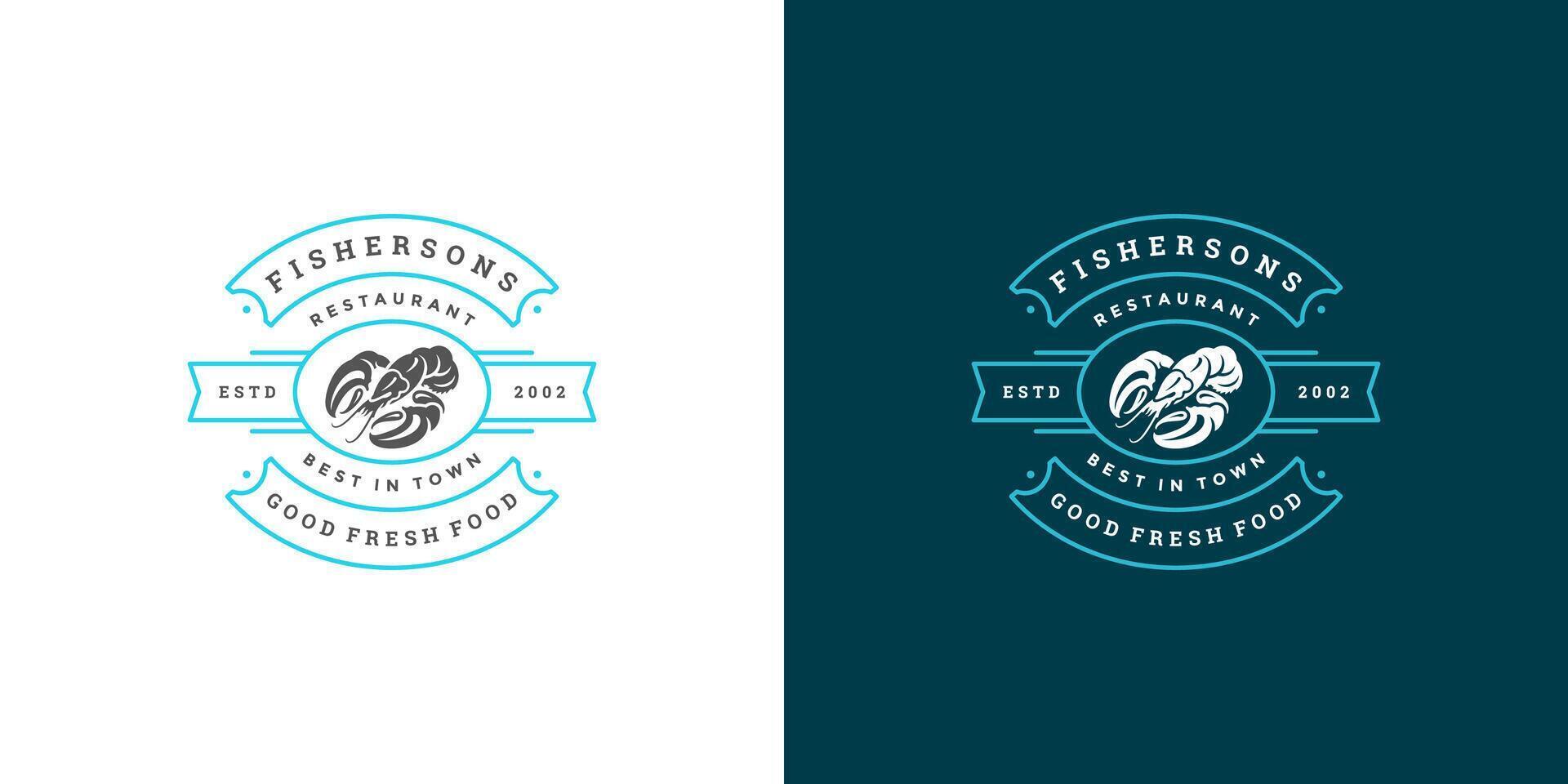 frutti di mare logo o cartello illustrazione pesce mercato e ristorante emblema modello design aragosta silhouette vettore