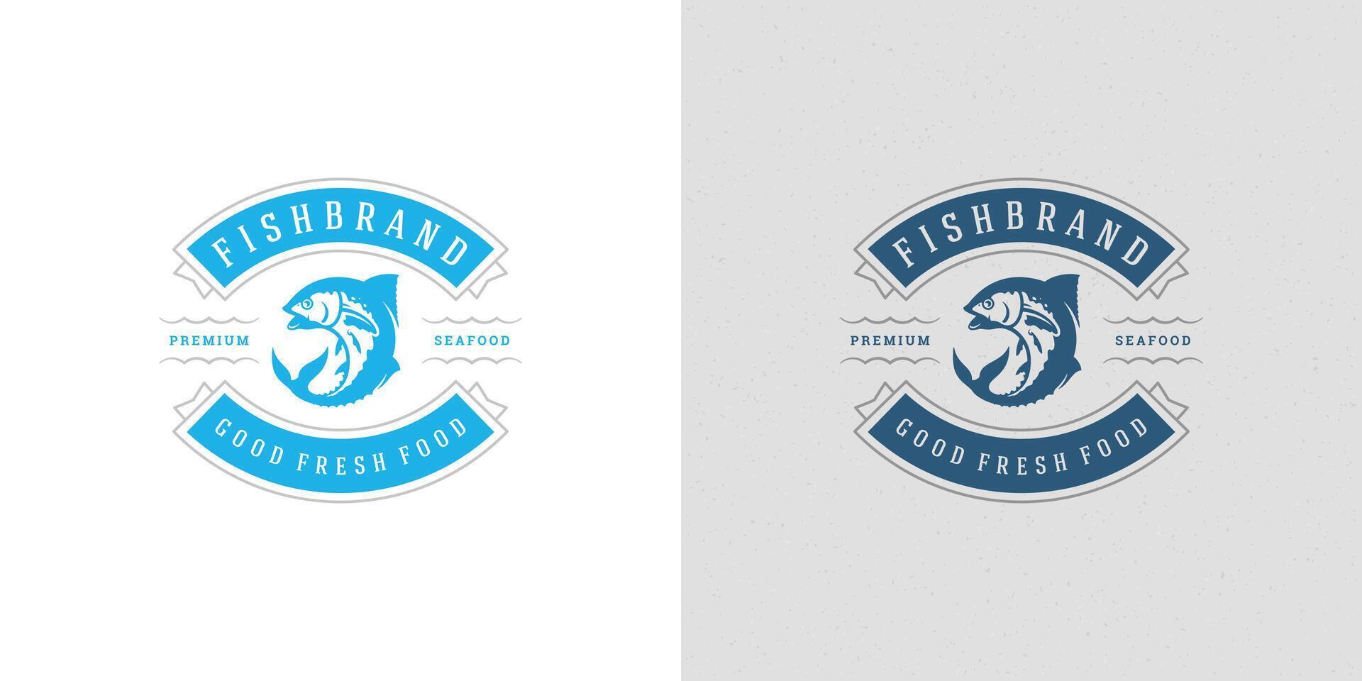 frutti di mare logo o cartello illustrazione pesce mercato e ristorante emblema modello design tonno pesce silhouette vettore