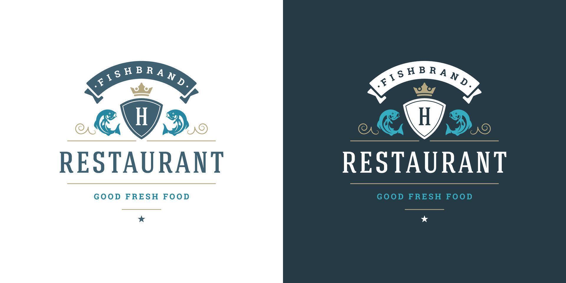 frutti di mare logo o cartello illustrazione pesce mercato e ristorante emblema modello design pesce silhouette vettore