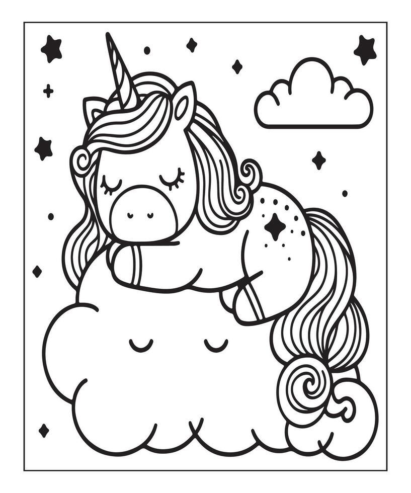 unicorno con nube colorazione pagina per bambini vettore
